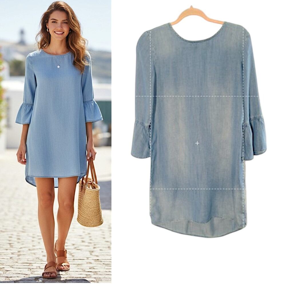 Cloth & Stone Shirt Dress Sz XS Blue Stonewash Chambray Tie Back Ruffled Sleeve